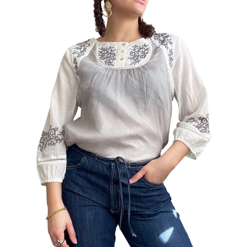 Sundance Earthy Whimsy Peasant Cottage Floral Embroidered Silk Blouse